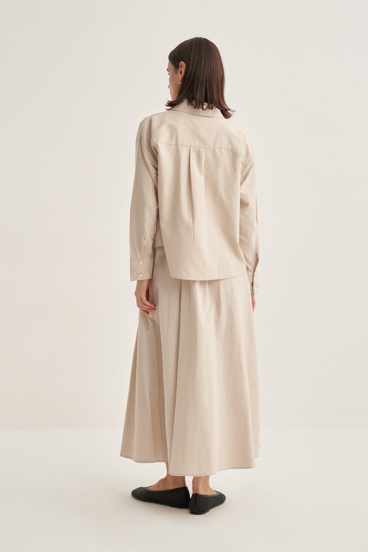 Kadın Poplin Oversize Kısa Gömlek Bej