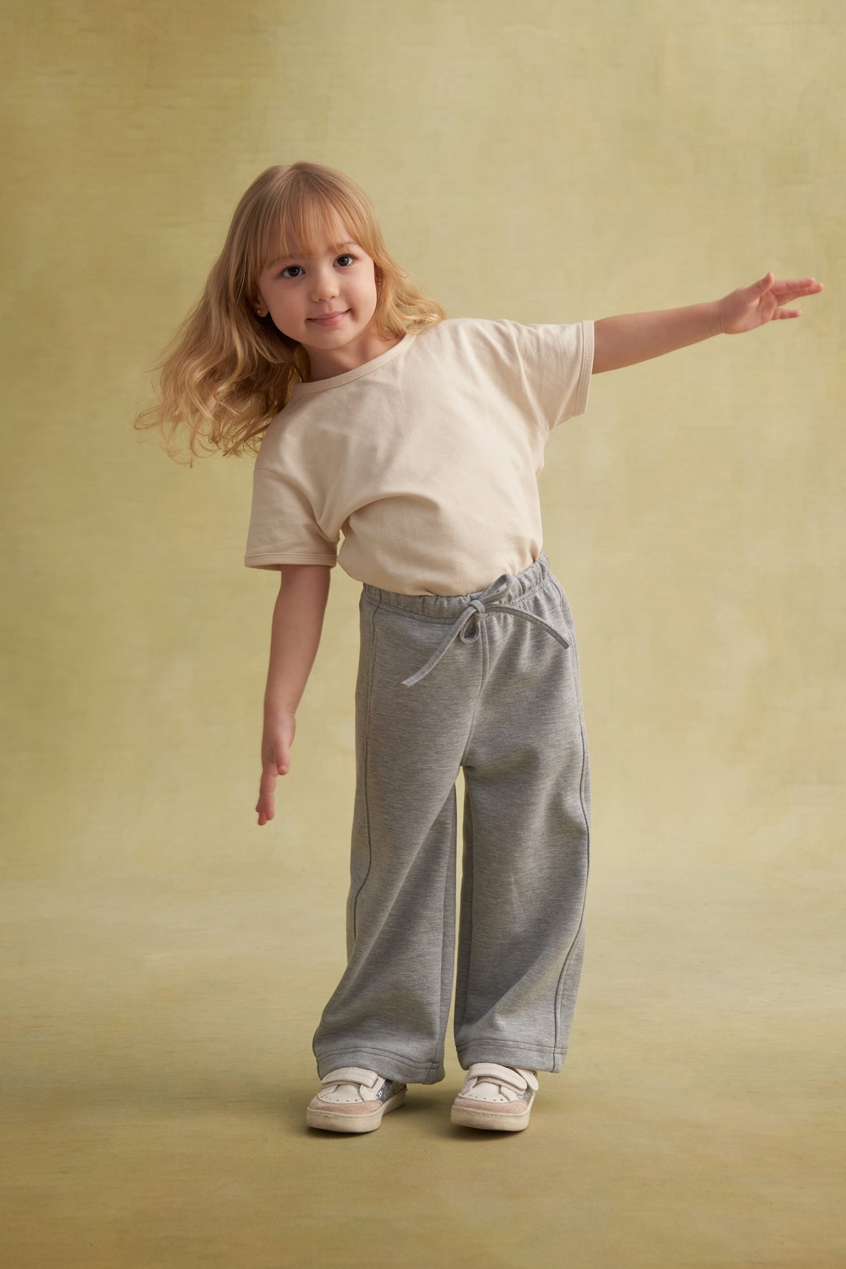 Kız Çocuk İnterlok Bol Paça Pantolon Gri Melanj