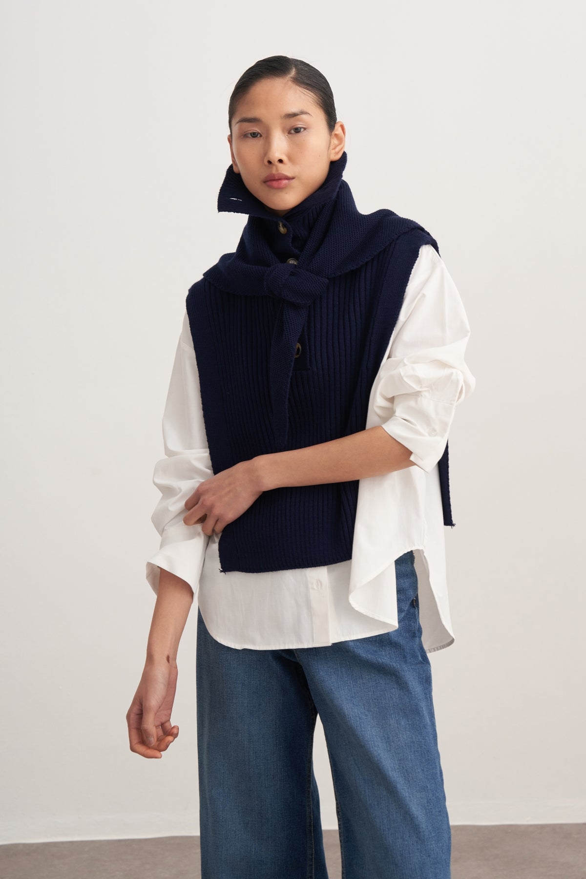 Kadın Düğmeli Triko Süveter Lacivert