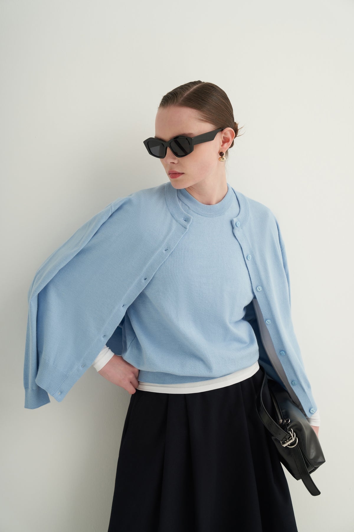 Kadın Viskon Triko Tişörtlü Hırka Takım Bebe Mavisi