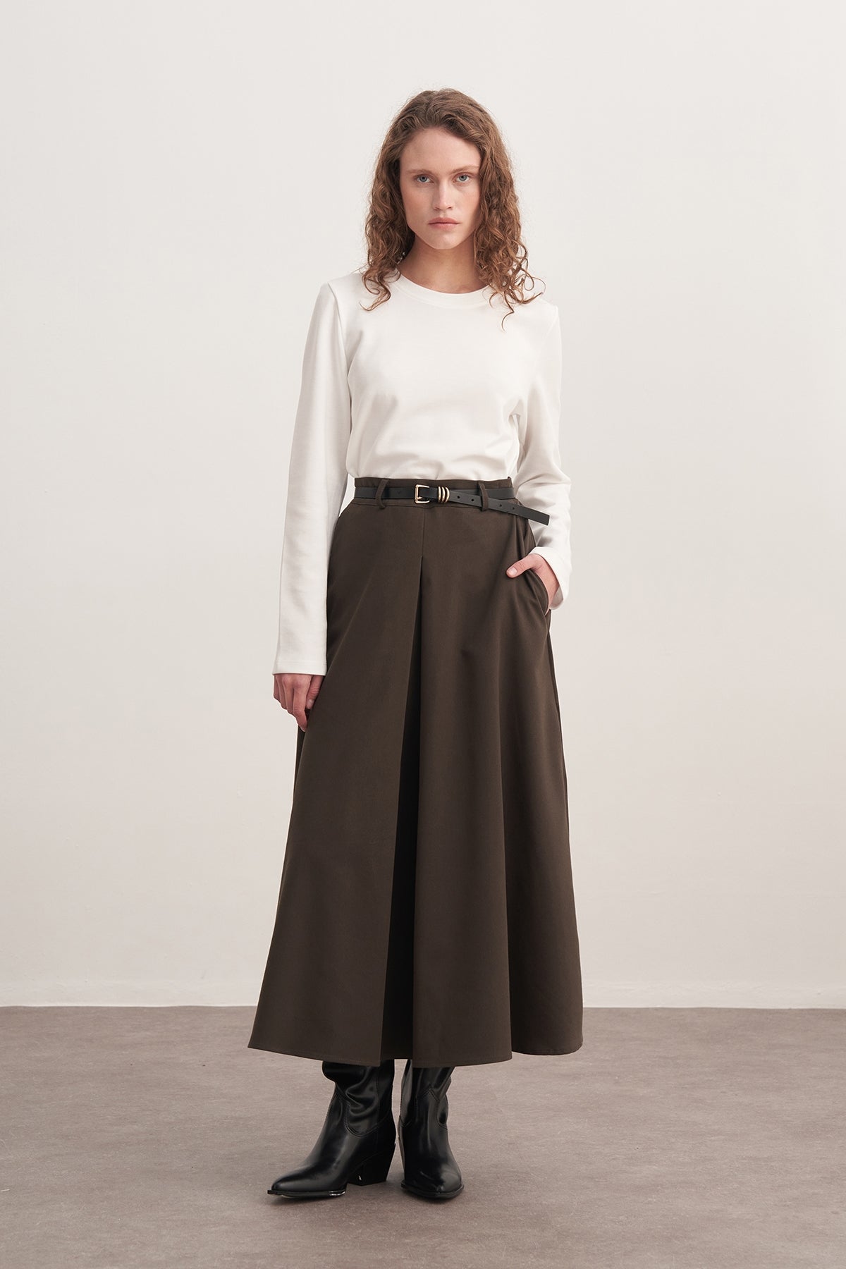 Kadın Gabardin Pilikaşe Etek Koyu Haki