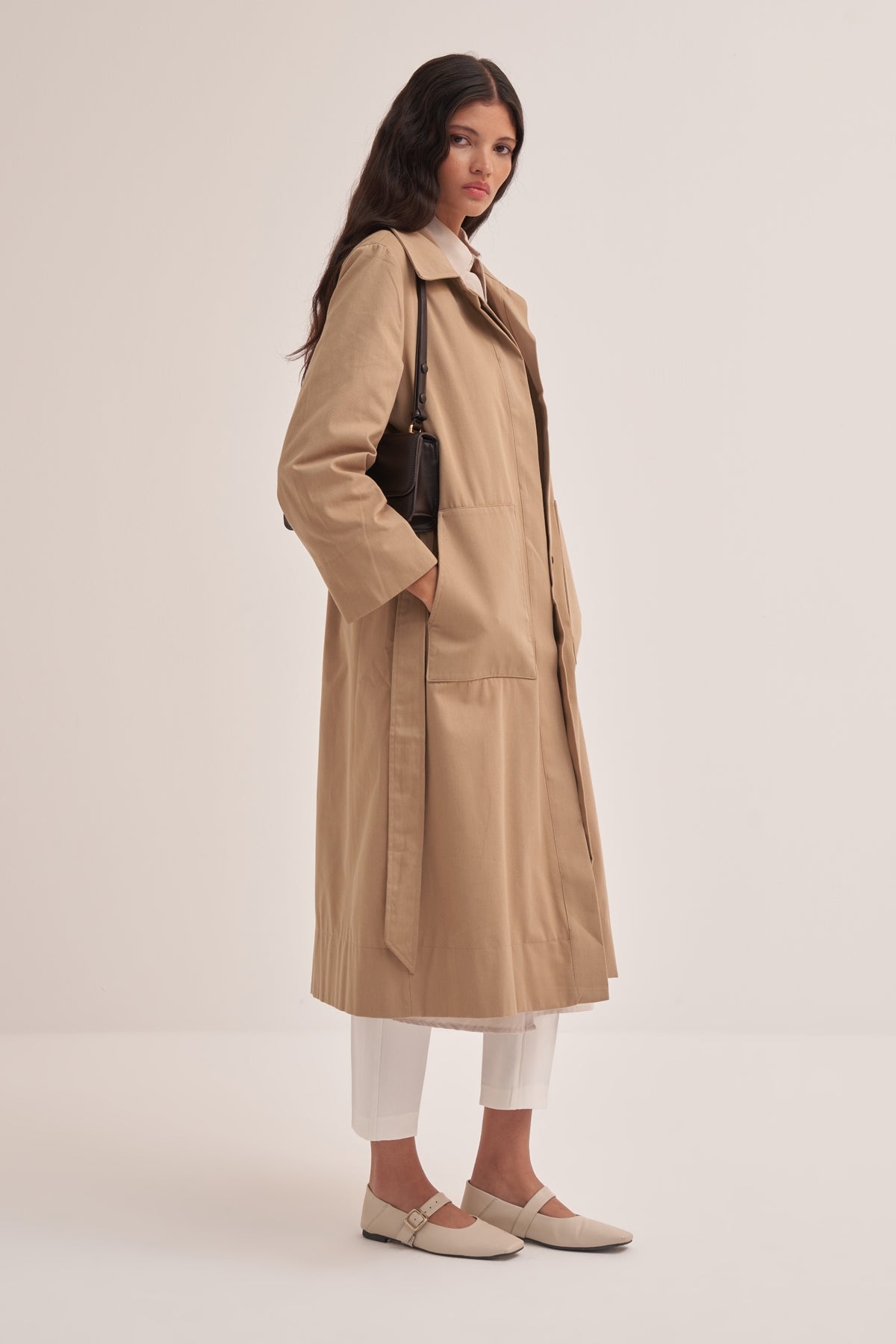 Kadın Oversize Düz Kapama Trençkot Camel