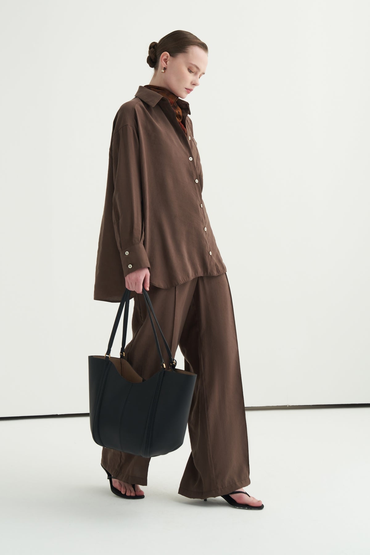 Kadın Modal Oversize Gömlek Pantolon Takım Kahve