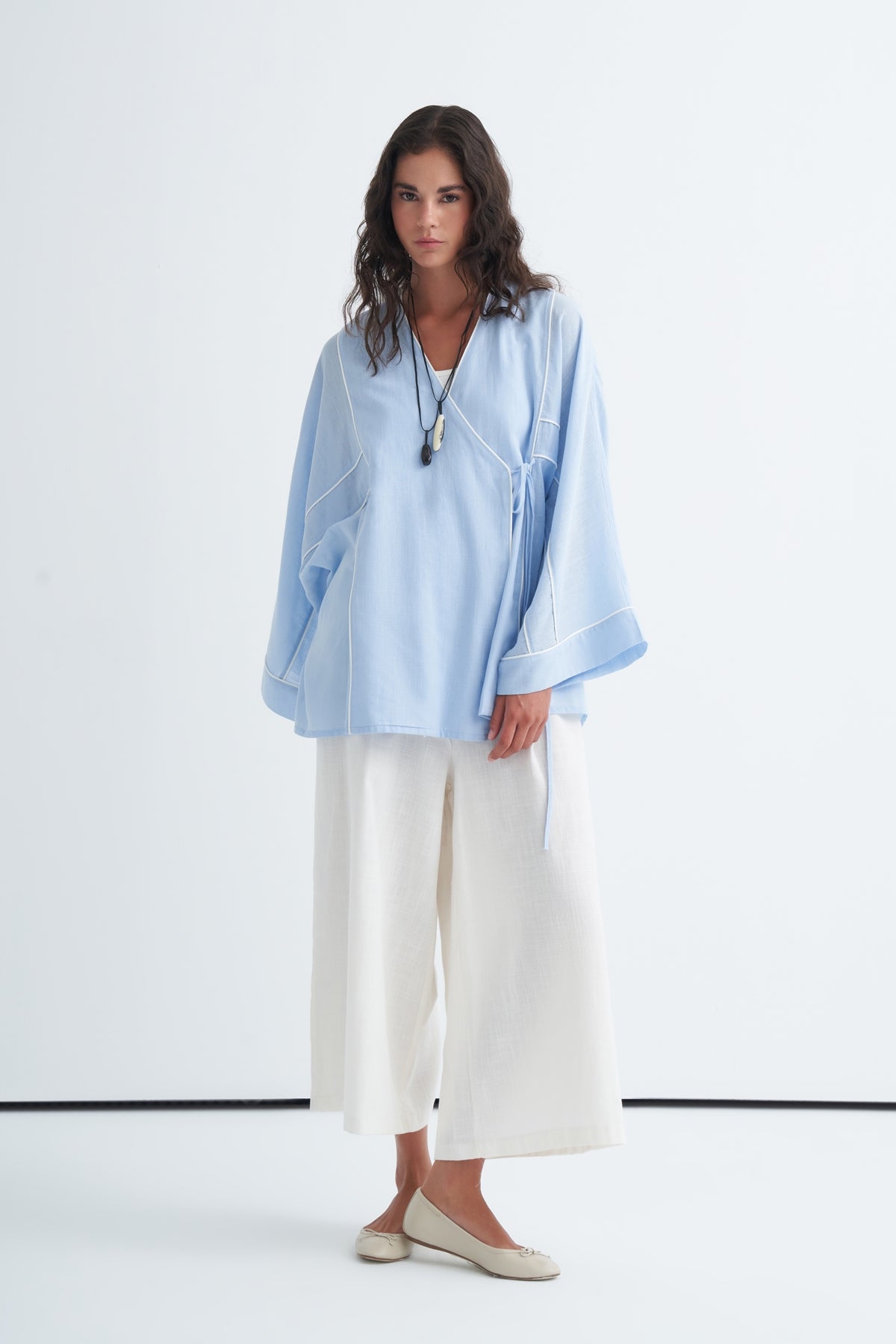 Kadın Kontrast Kimono Pantolon Takım Mavi