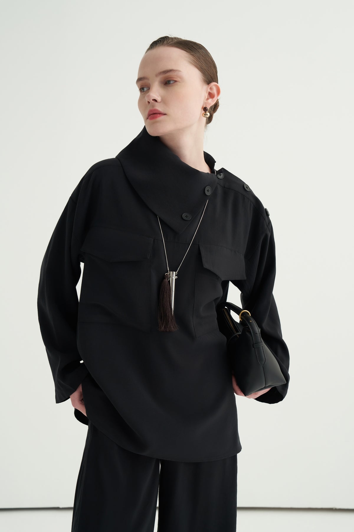 Kadın Modal Düğmeli Bluz Siyah