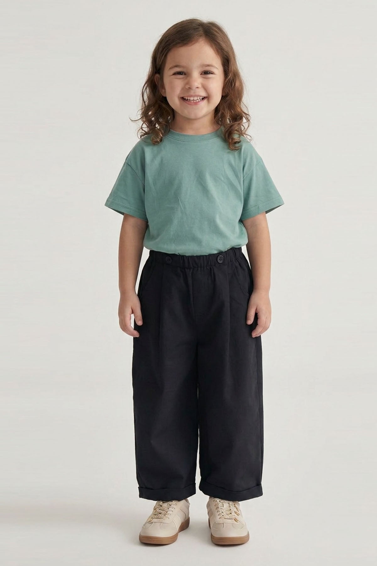 Unisex Çocuk Pileli Pantolon Tişört Takım Yeşil/Lacivert