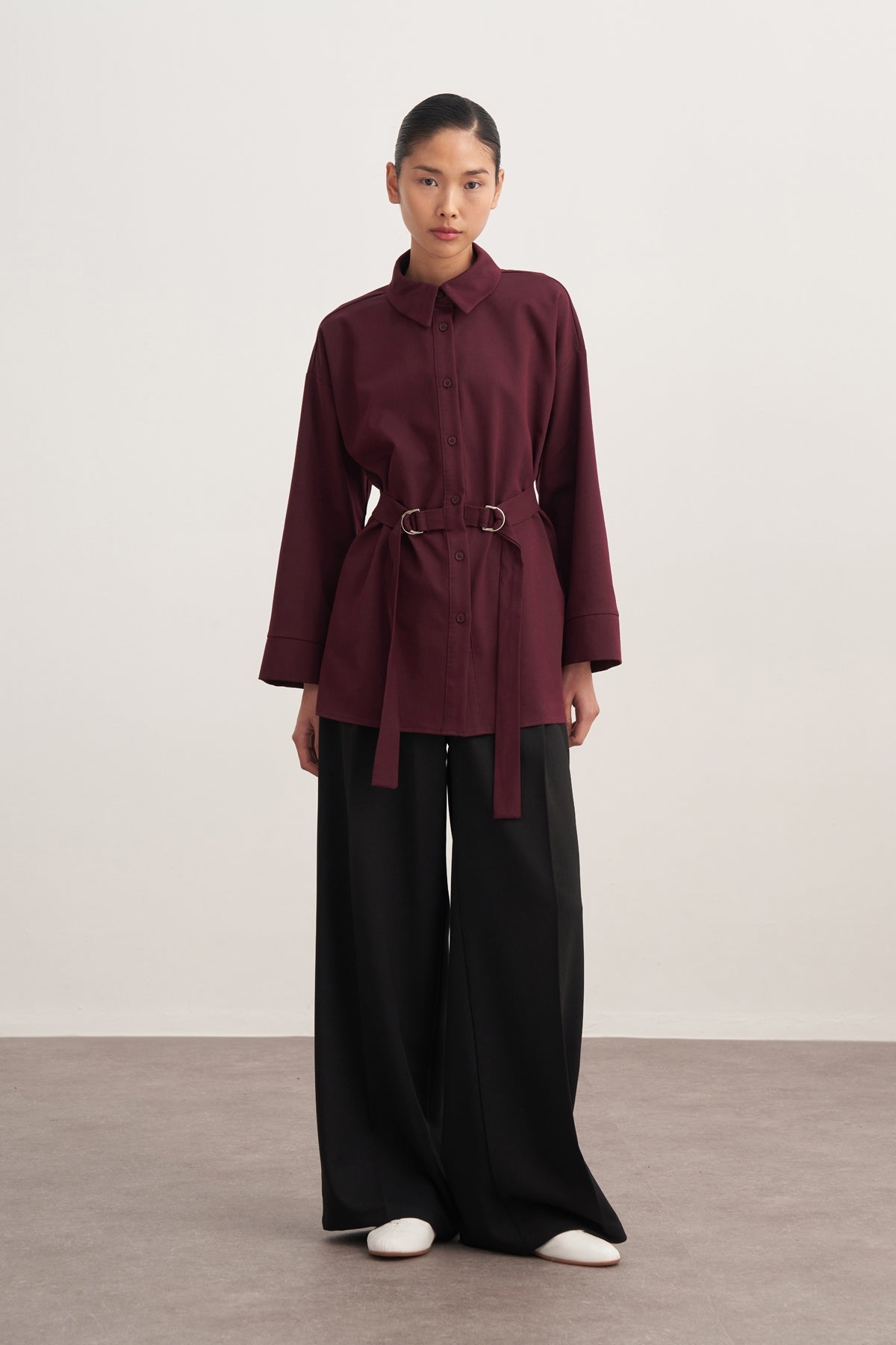 Kadın Gabardin Kemerli Gömlek Mürdüm