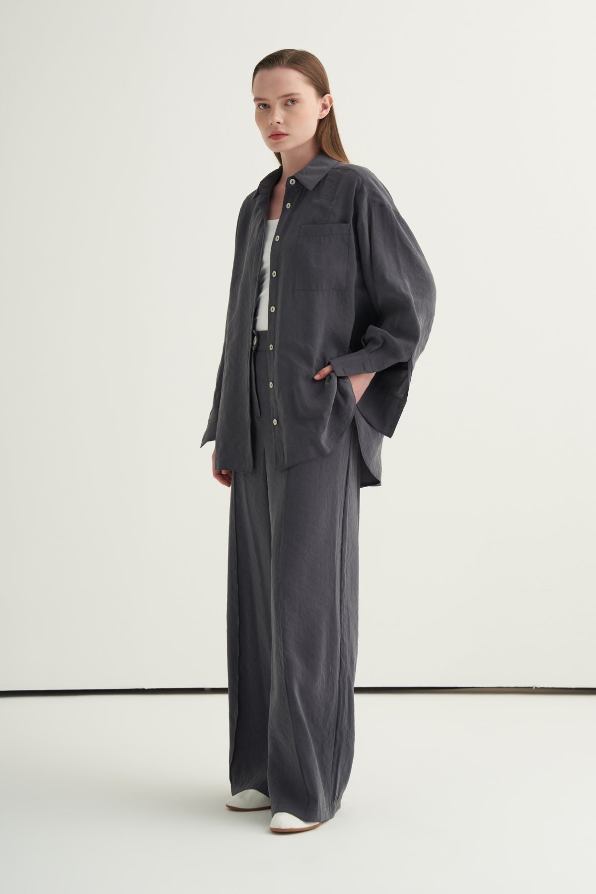 Kadın Modal Oversize Gömlek Pantolon Takım Füme