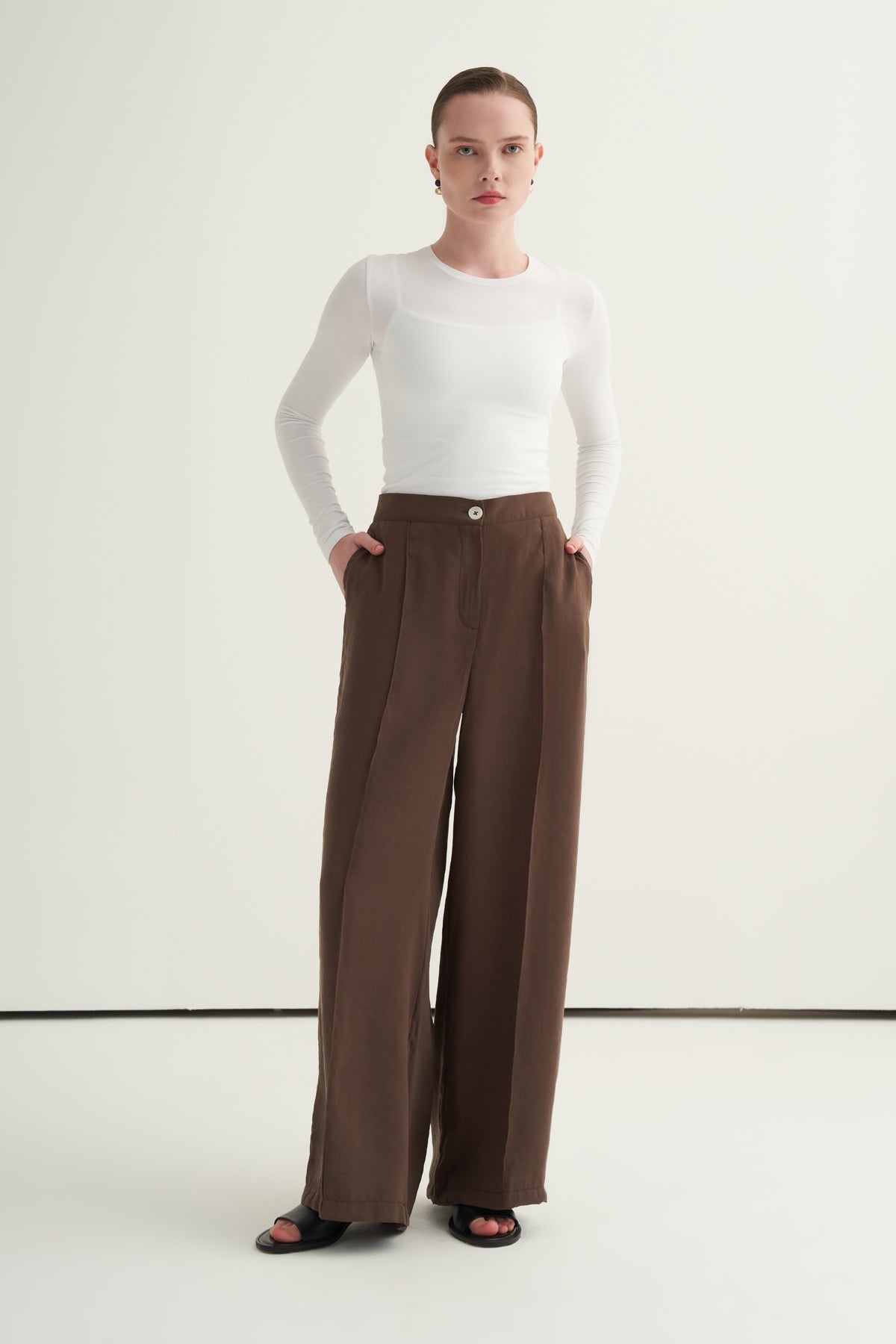 Kadın Modal Nervürlü Palazzo Pantolon Kahve