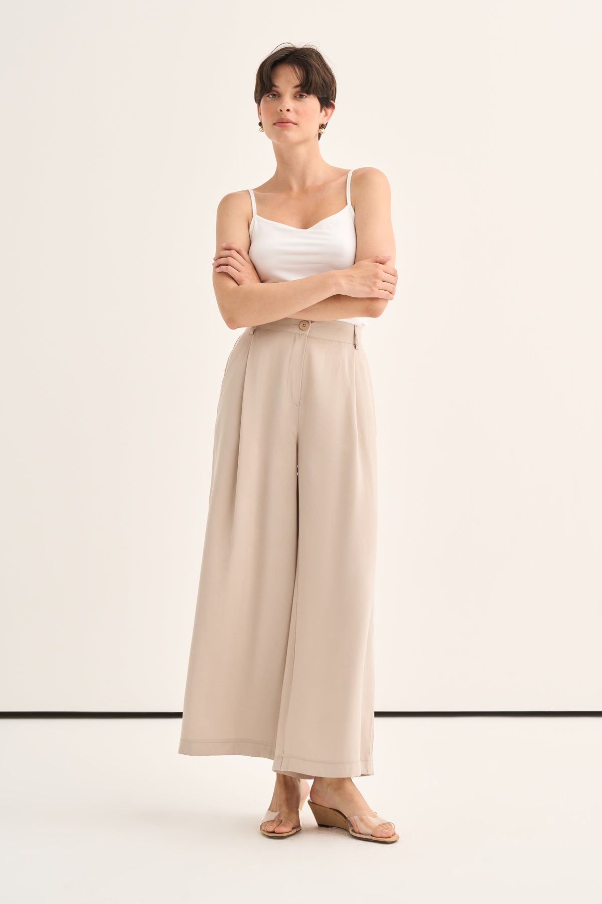 Kadın Modal Pileli Culotte Pantolon Bej