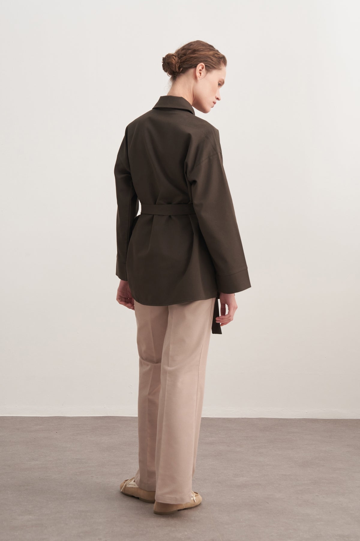 Kadın Gabardin Kemerli Gömlek Haki