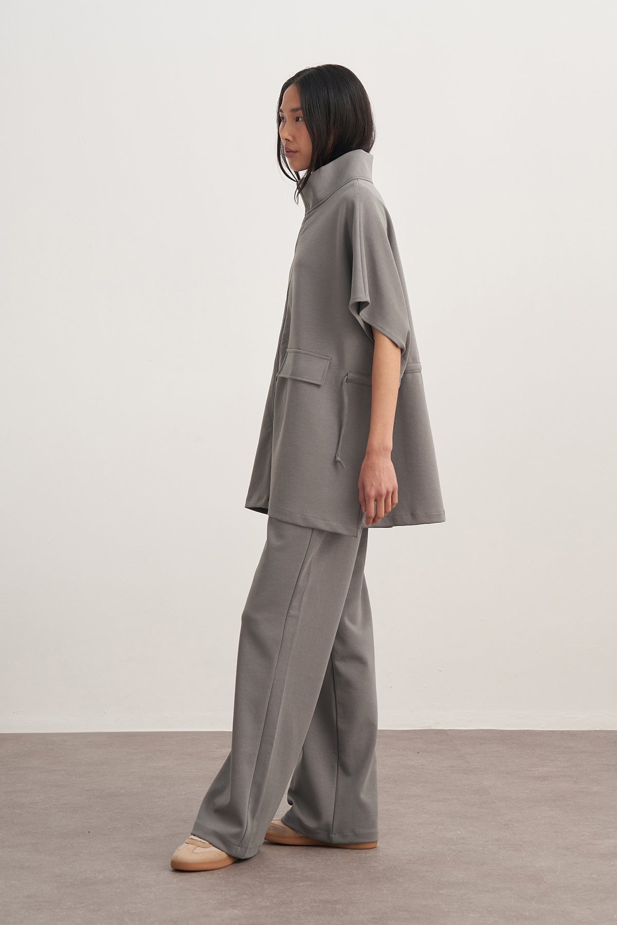 Kadın İnterlok Oversize Yelek Pantolon Takım Füme