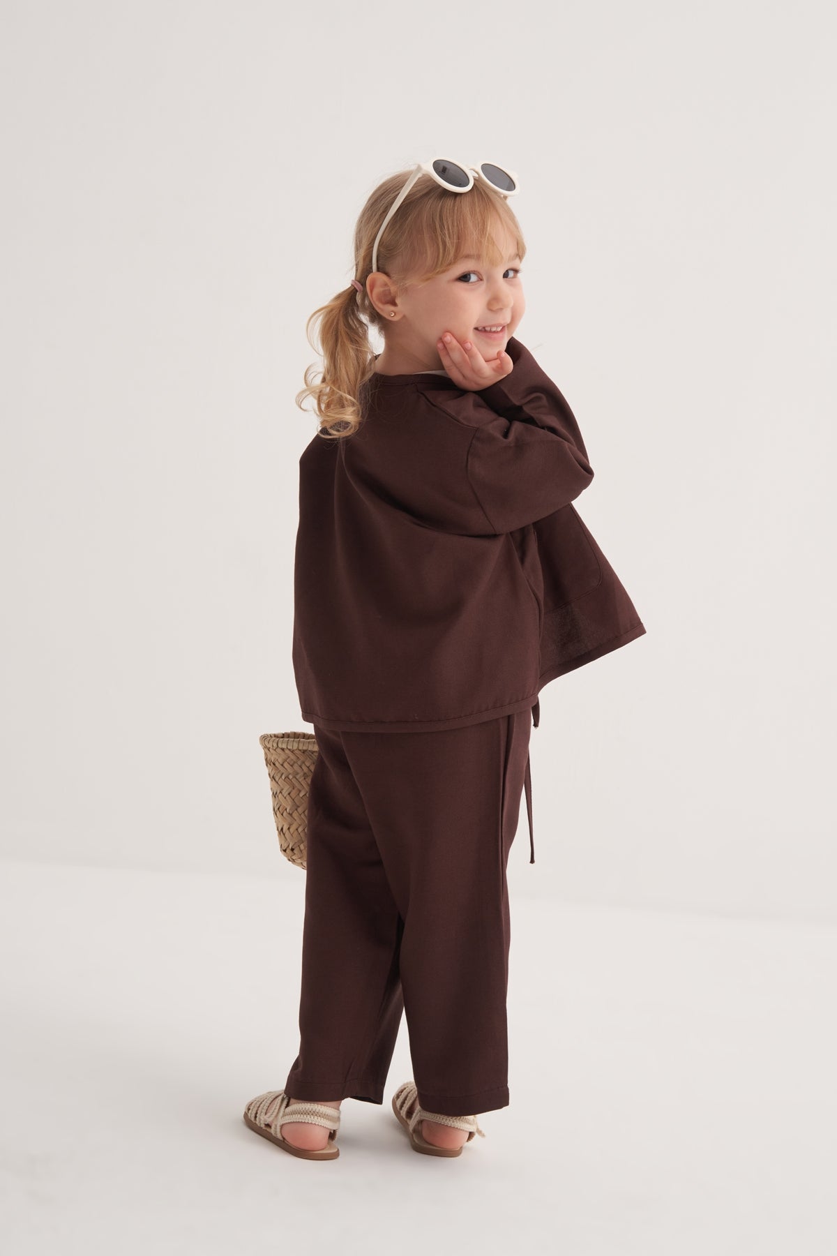 Unisex Çocuk Dökümlü Pamuklu Kimono Acı Kahve