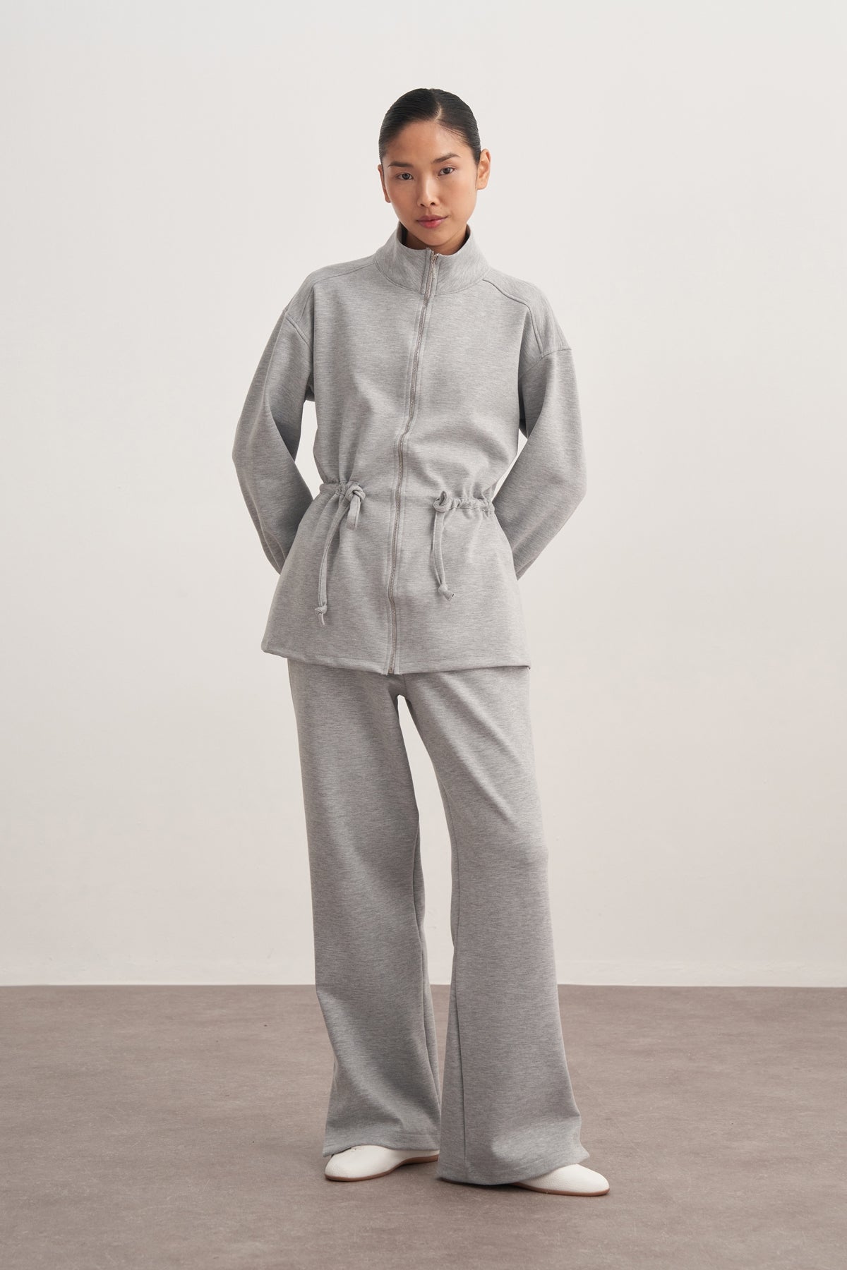 Kadın İnterlok Oversize Spor Ceket Takım Gri Melanj