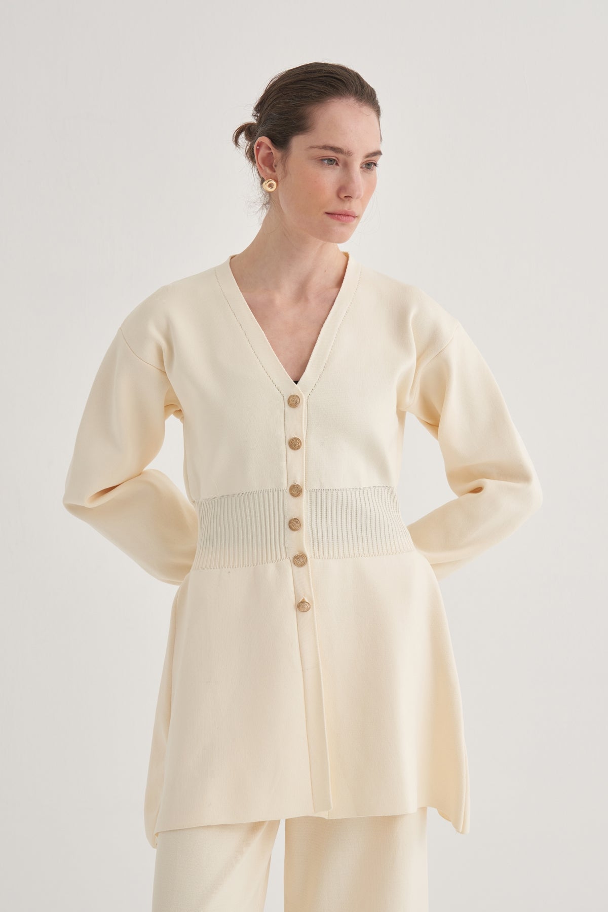 Kadın Premium Bel Korsajlı Triko Hırka Ekru