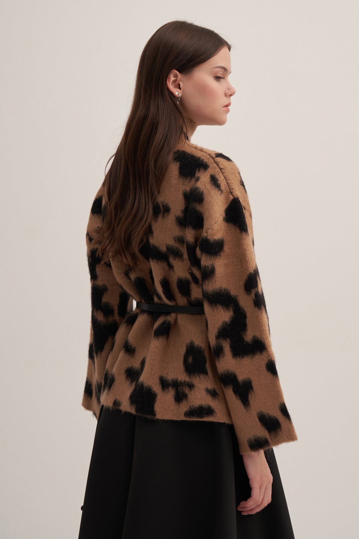Kadın Leopar Desenli Triko Kazak Camel