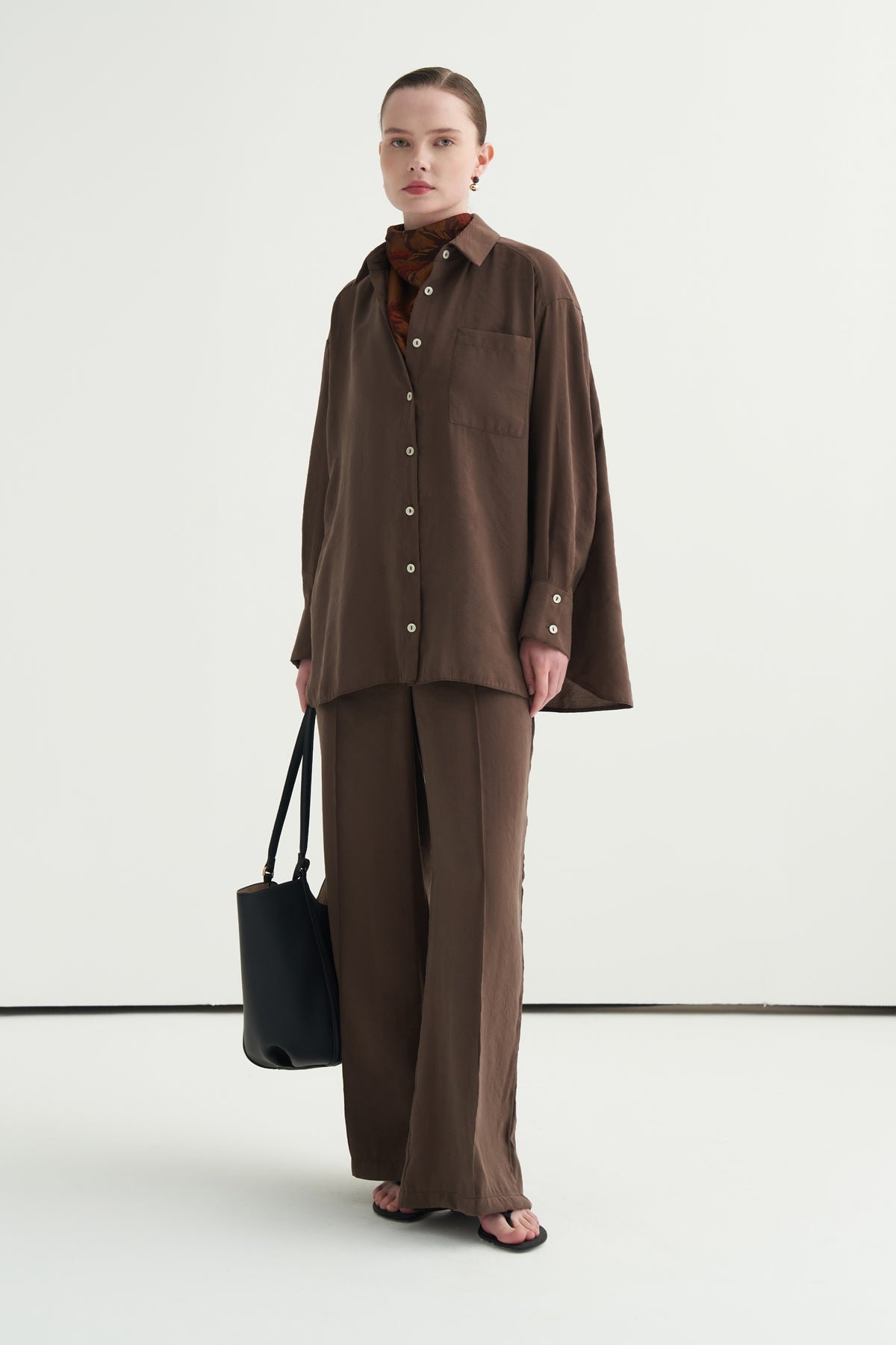 Kadın Modal Oversize Gömlek Pantolon Takım Kahve