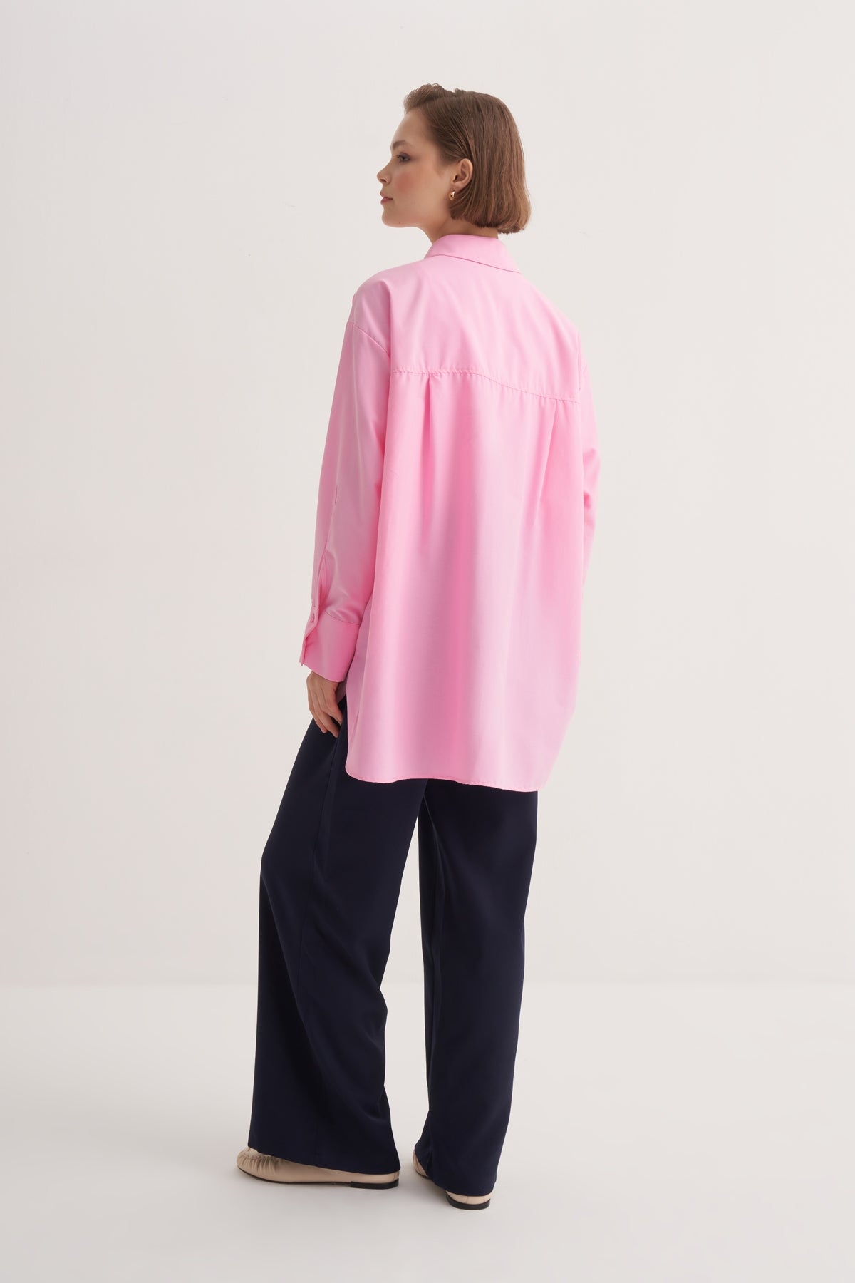 Kadın Poplin Oversize Robalı Gömlek Açık Pembe