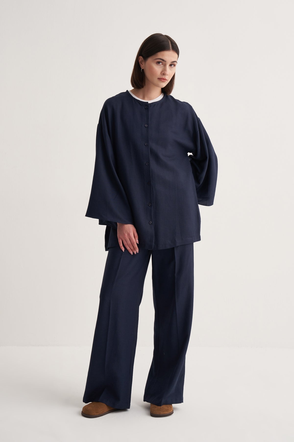 Kadın Dökümlü Pamuklu Kimono Gömlek Lacivert