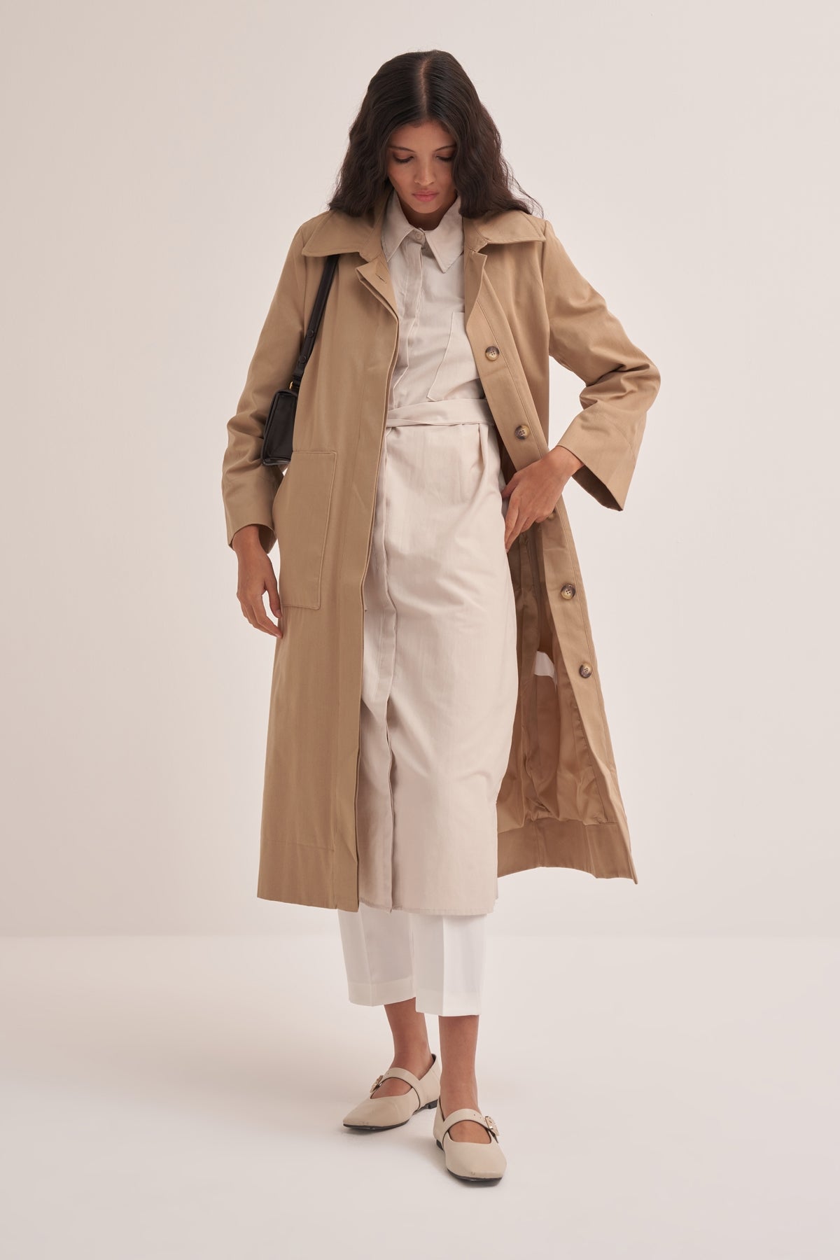 Kadın Oversize Düz Kapama Trençkot Camel