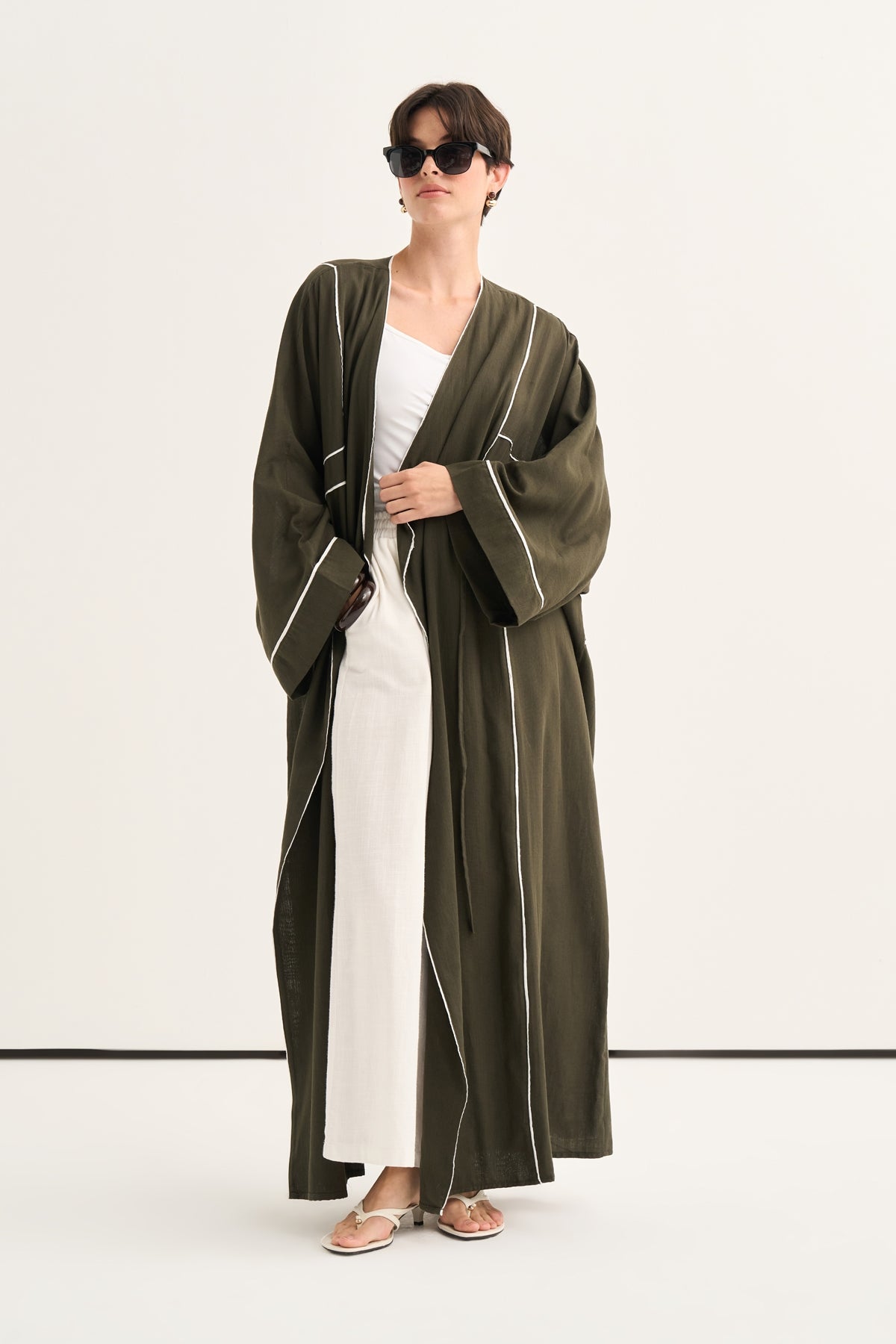 Kadın Kontrast Detaylı Abaya Haki