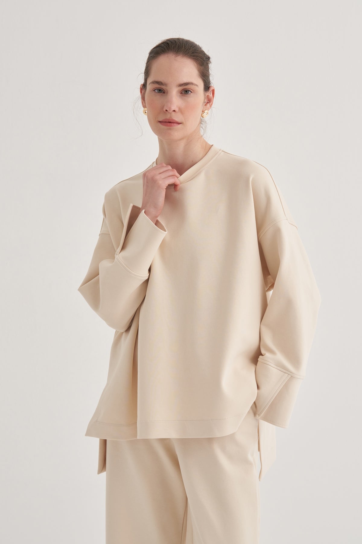 Kadın İnterlok Kol Detaylı Bluz Bej