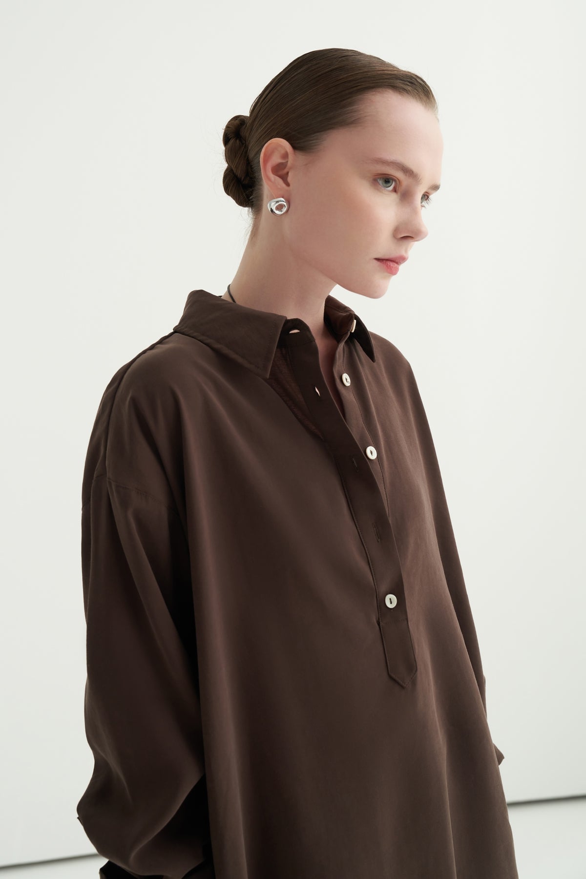 Kadın Modal Pat Kapamalı Gömlek Kahve