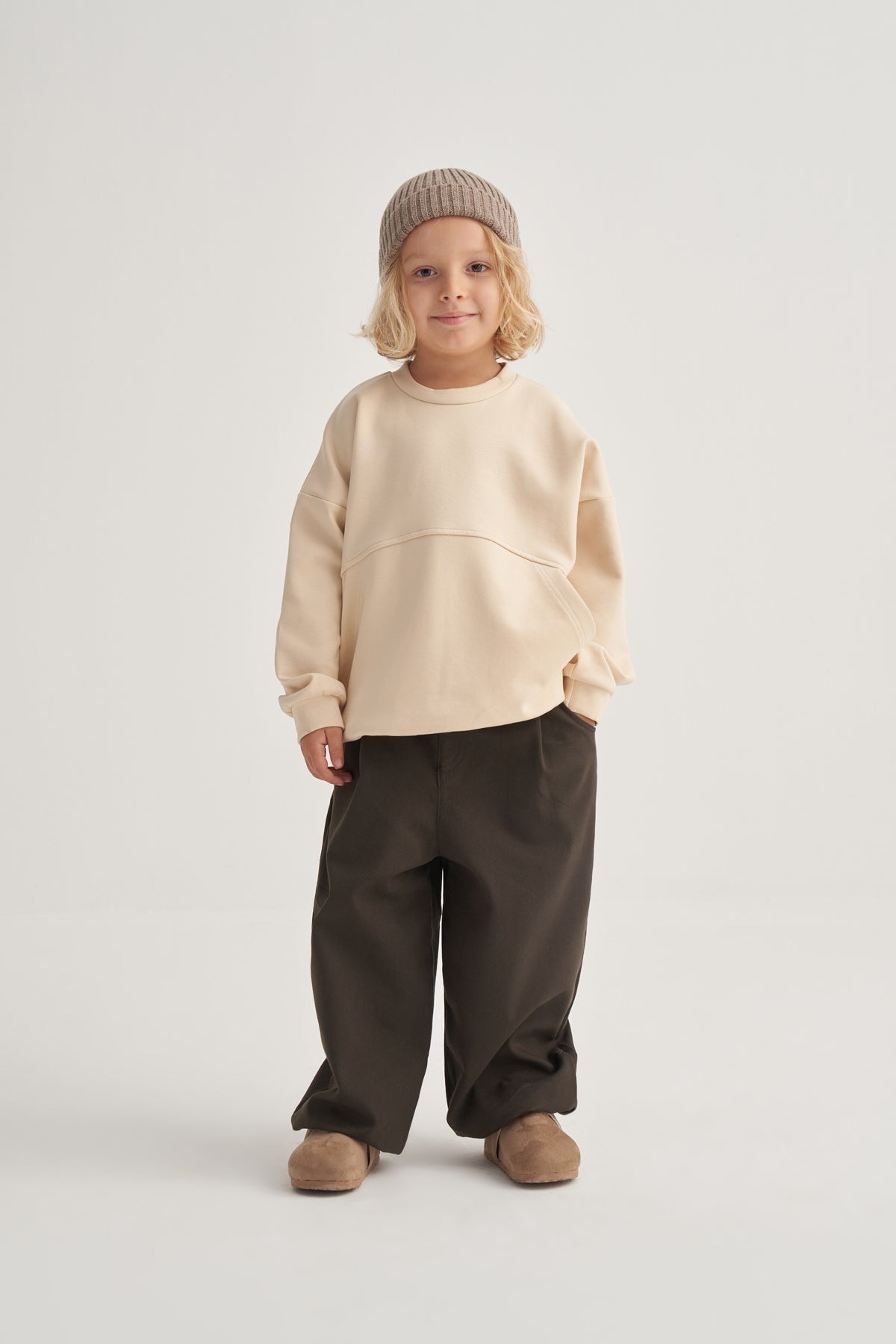 Unisex Çocuk İnterlok Cepli Sweatshirt Bej