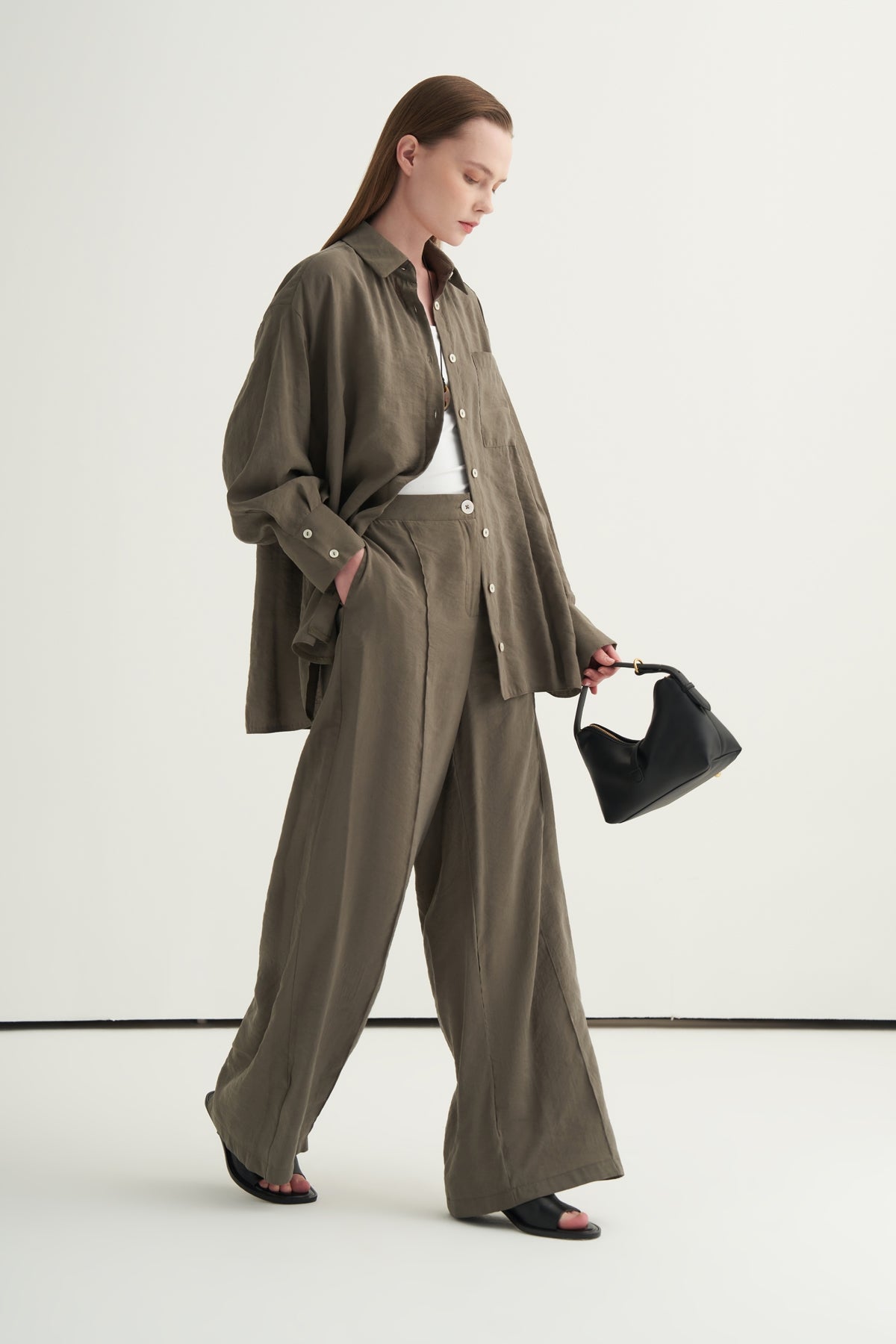 Kadın Modal Oversize Gömlek Pantolon Takım Haki