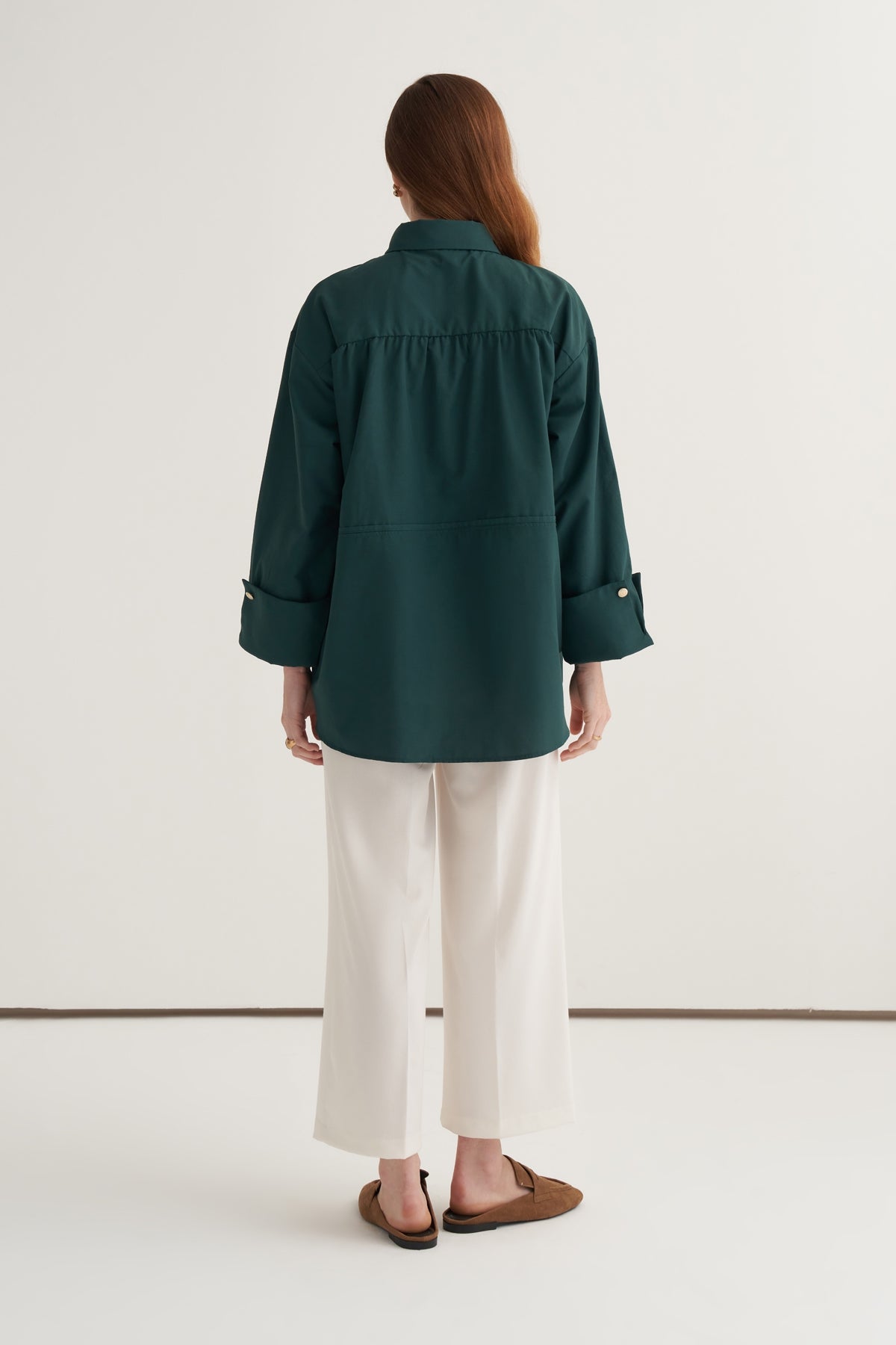 Kadın Oversize Kol Düğmeli Gömlek Zümrüt