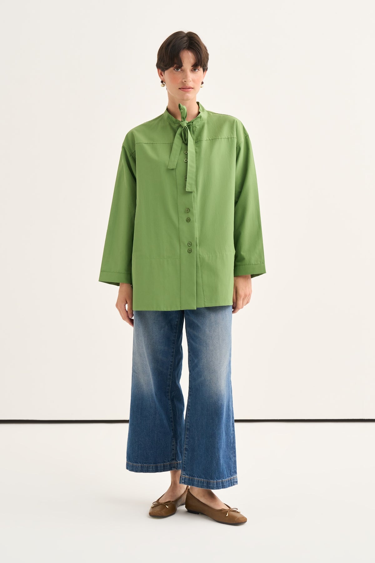 Kadın Poplin Bağlamalı Yakalı Gömlek Yeşil