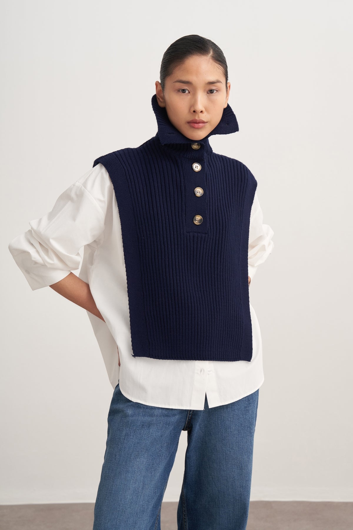 Kadın Düğmeli Triko Süveter Lacivert