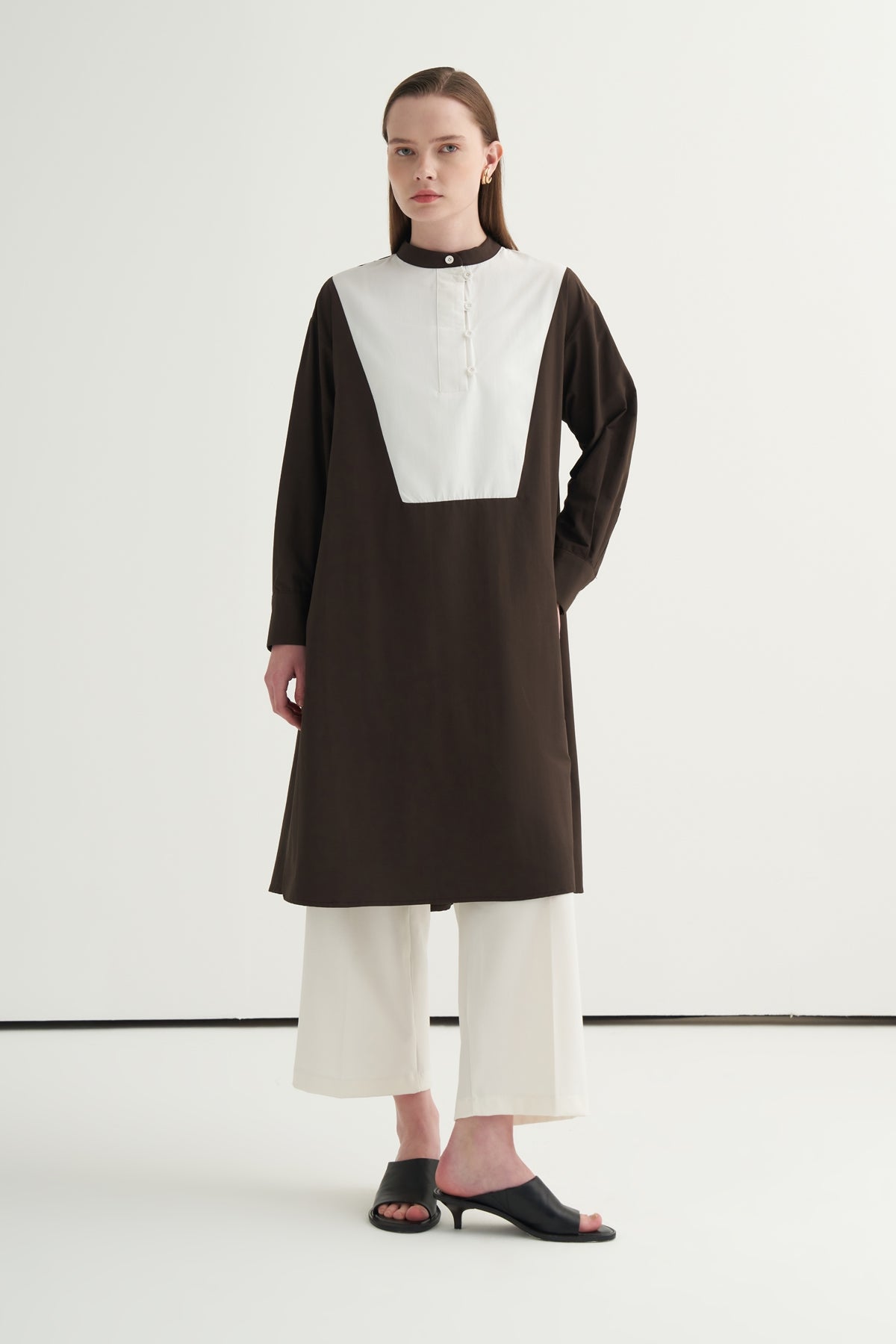 Kadın Hakim Yaka Kontrast Tunik Kahve