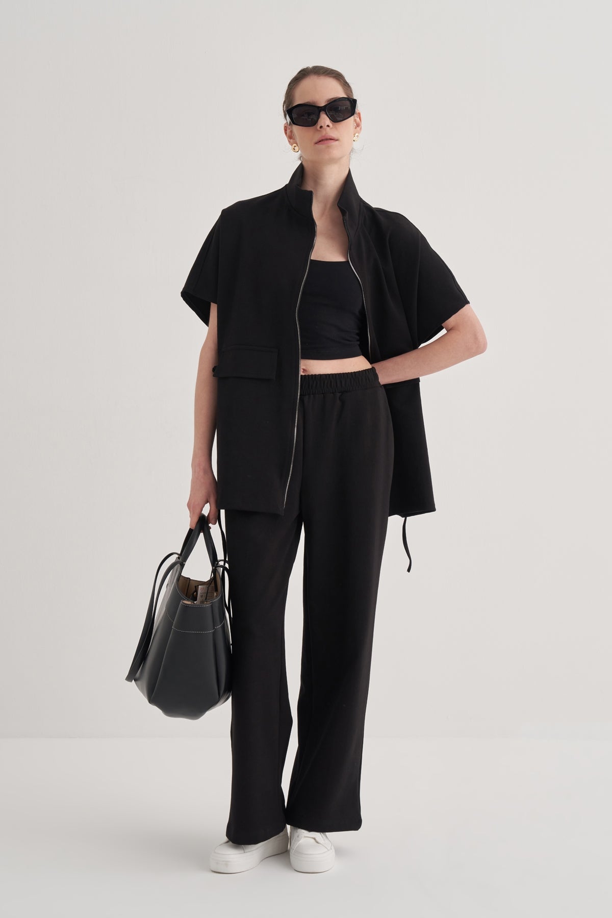 Kadın İnterlok Oversize Yelek Pantolon Takım Siyah