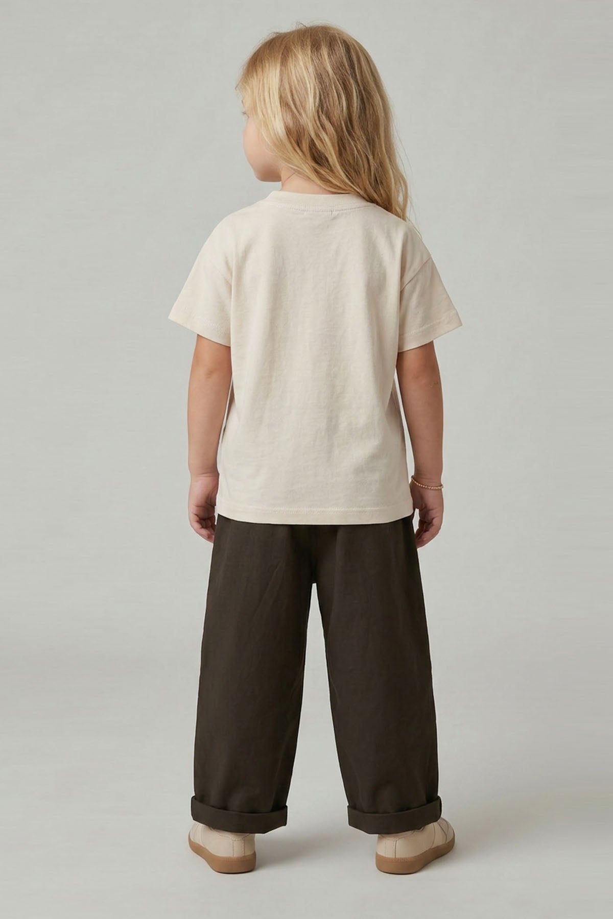 Unisex Çocuk Pileli Pantolon Tişört Takım Krem/Haki