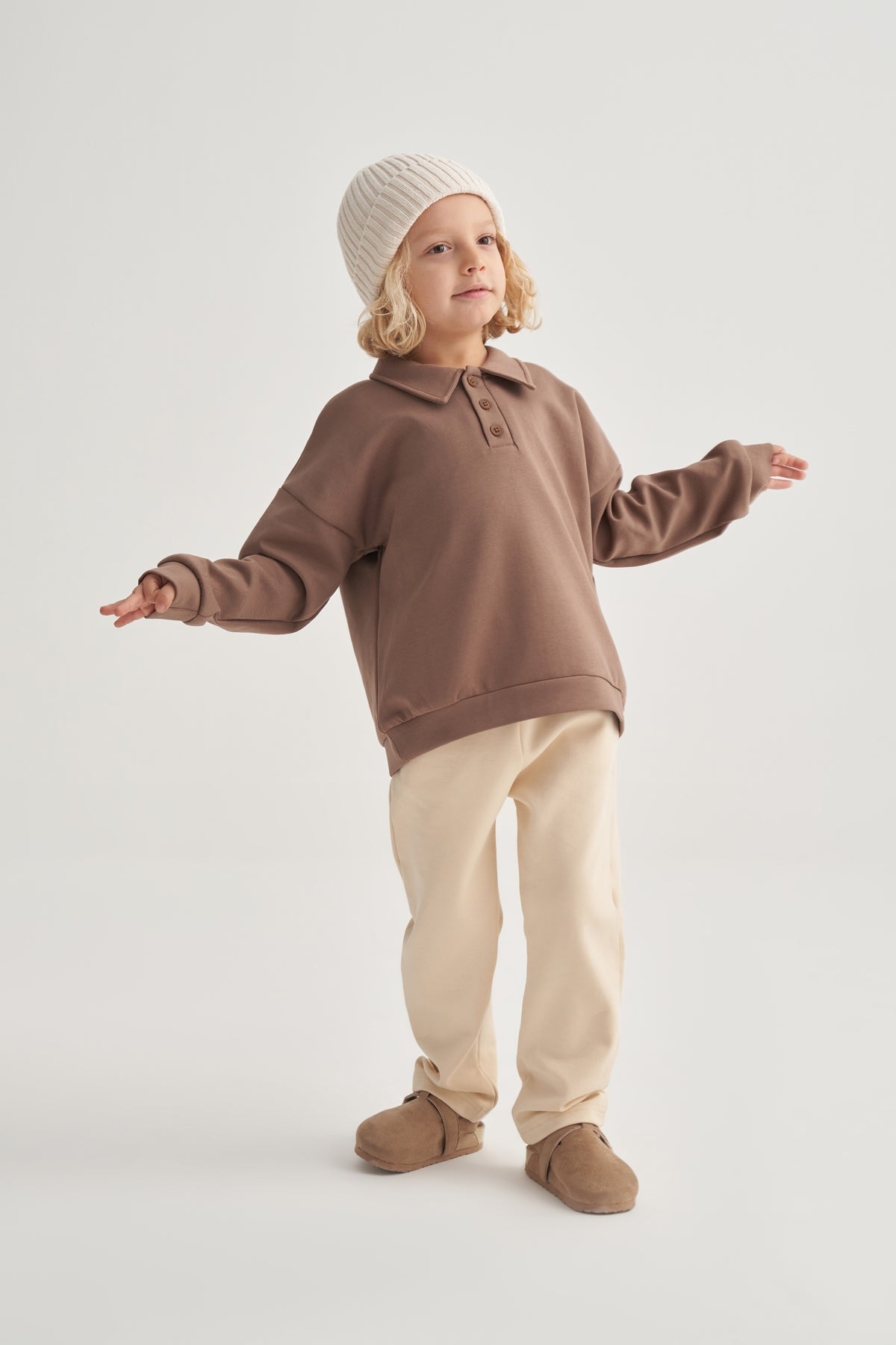 Unisex Çocuk İnterlok Yakalı Sweat Kahve