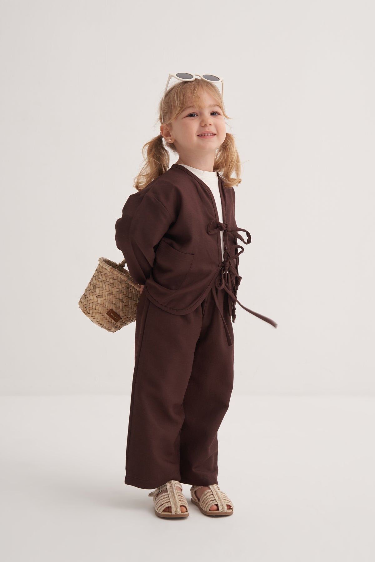 Unisex Çocuk Dökümlü Pamuklu Kimono Acı Kahve