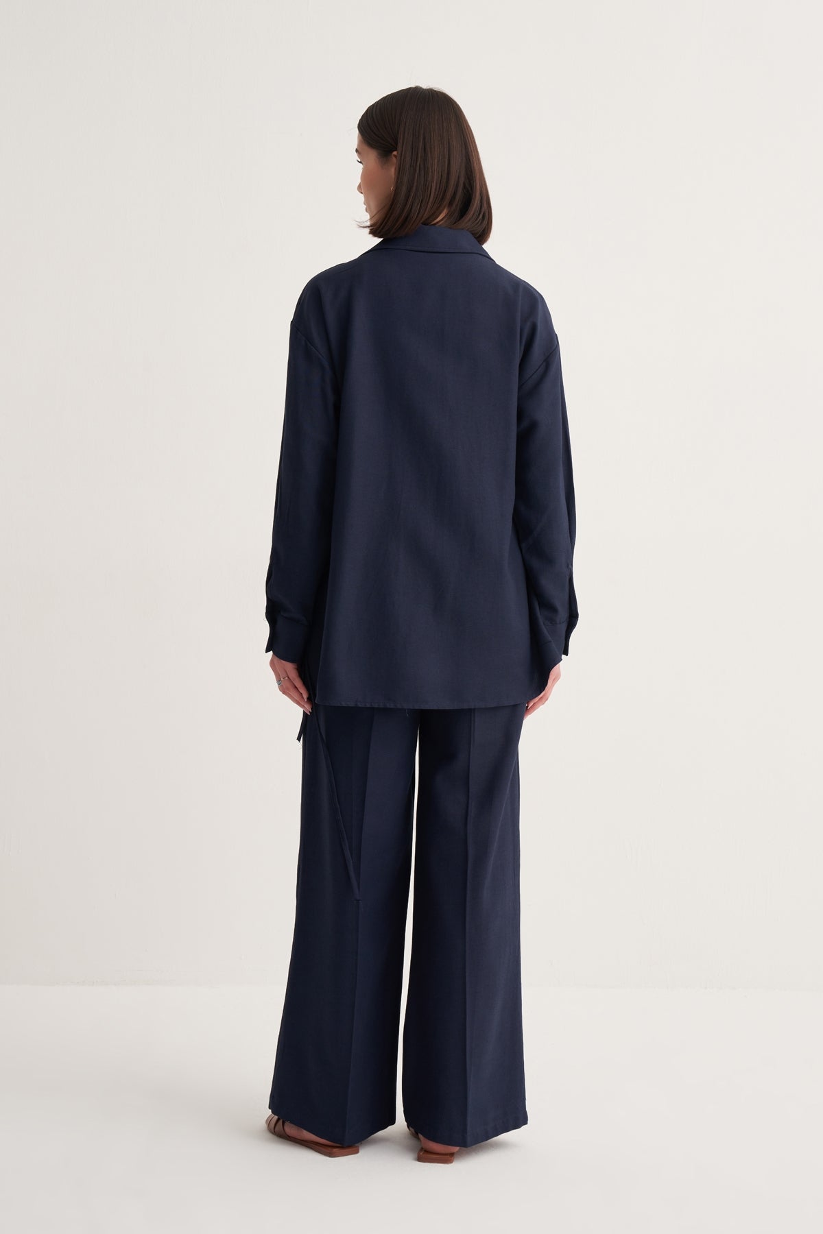 Kadın Dökümlü Pamuklu Yakalı Kimono Lacivert