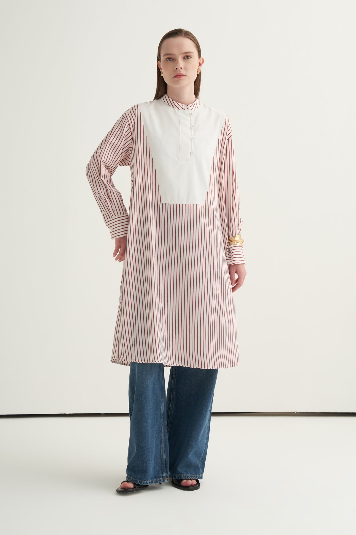 Kadın Hakim Yaka Kontrast Tunik Bordo Çizgili