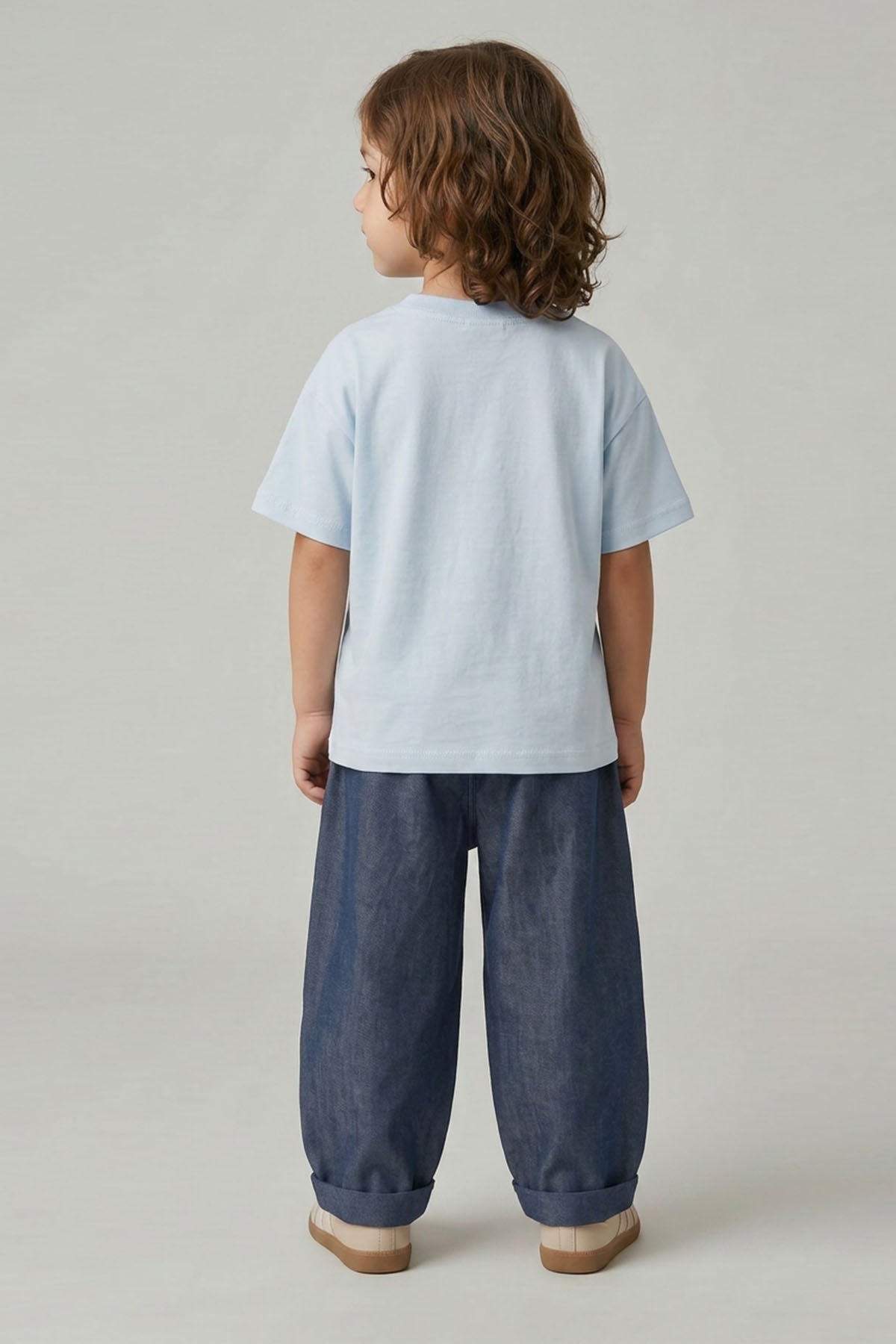 Unisex Çocuk Pileli Pantolon Tişört Takım Mavi/Kot