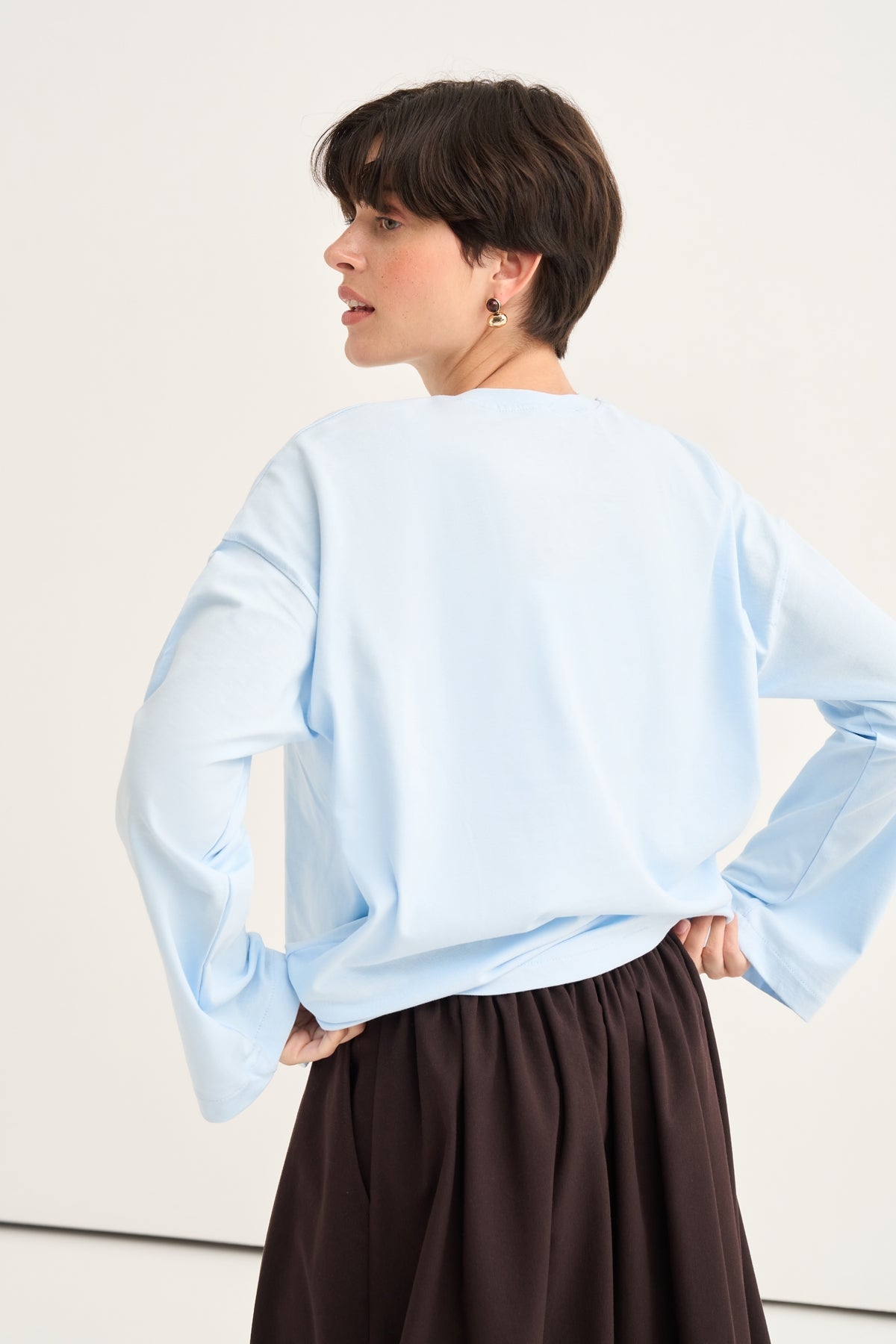 Kadın Kısa Basic Uzun Kol Sweat Açık Mavi