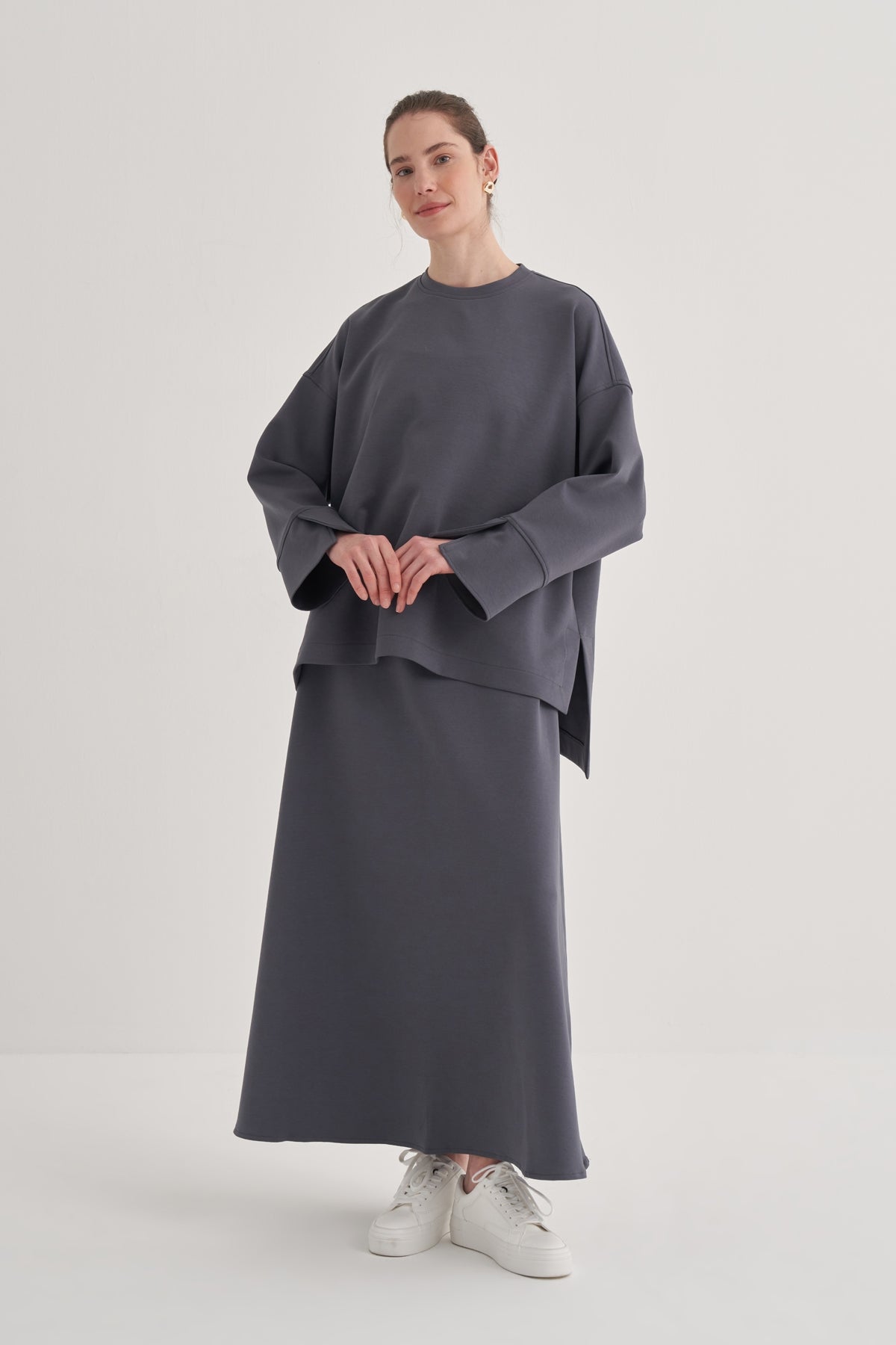 Kadın İnterlok Kol Detaylı Bluz Füme