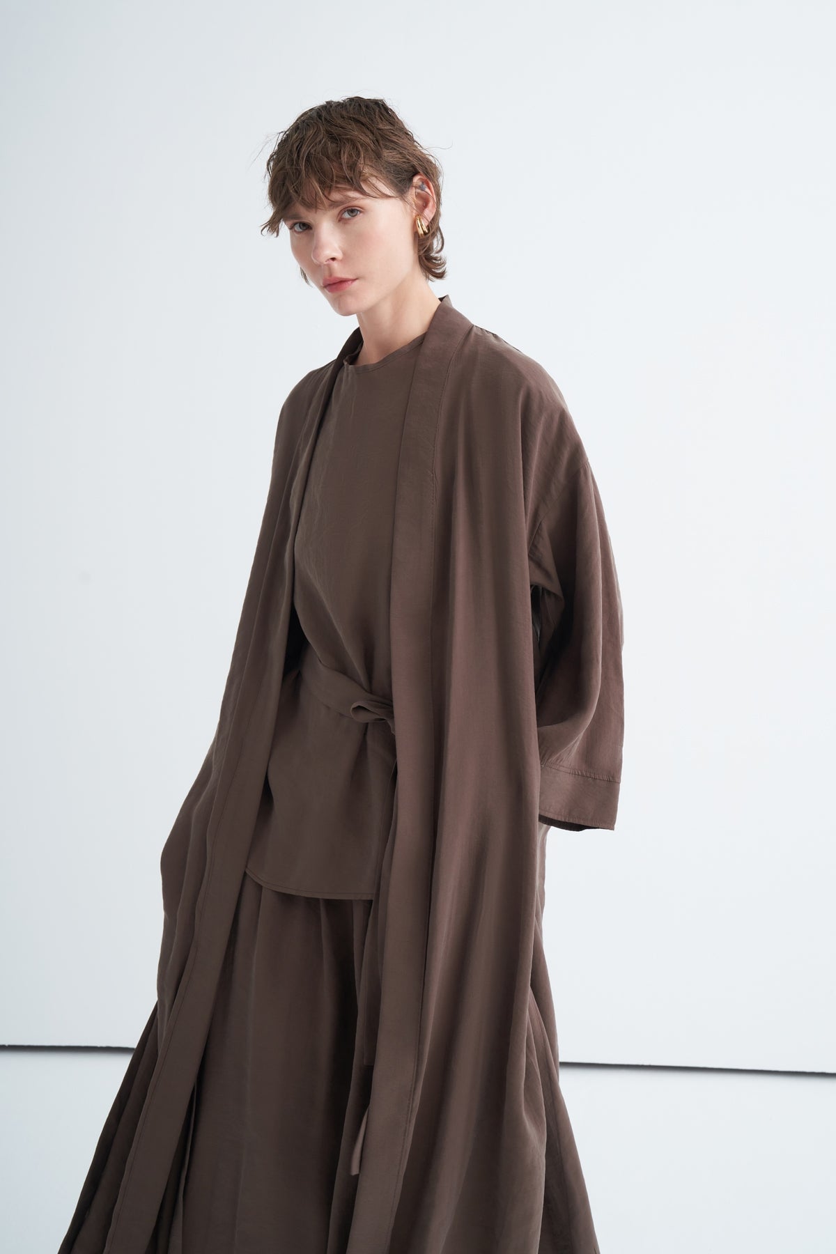 Modal 3'lü Pantolon Bluzlu Abaya Takım Kahve