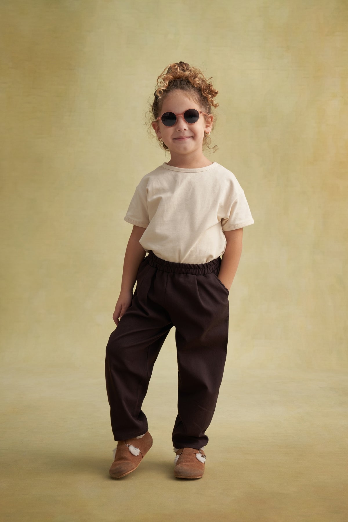 Unisex Çocuk Gabardin Bel Lastikli Pantolon Kahve