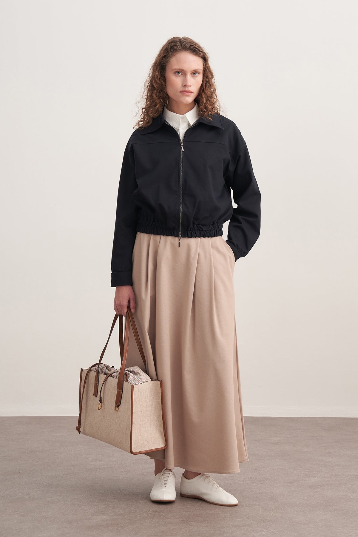 Kadın Gabardin Çift Pile Etek Bej