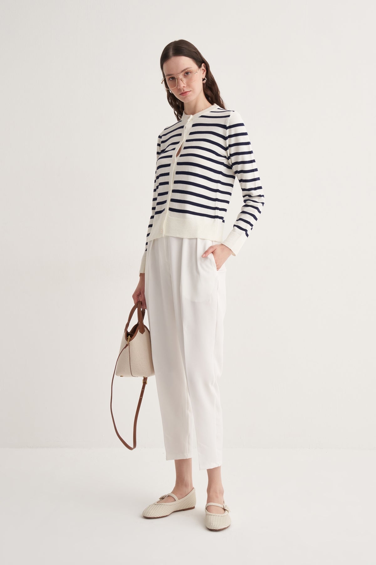 Kadın İnce Triko Çizgili Hırka Lacivert