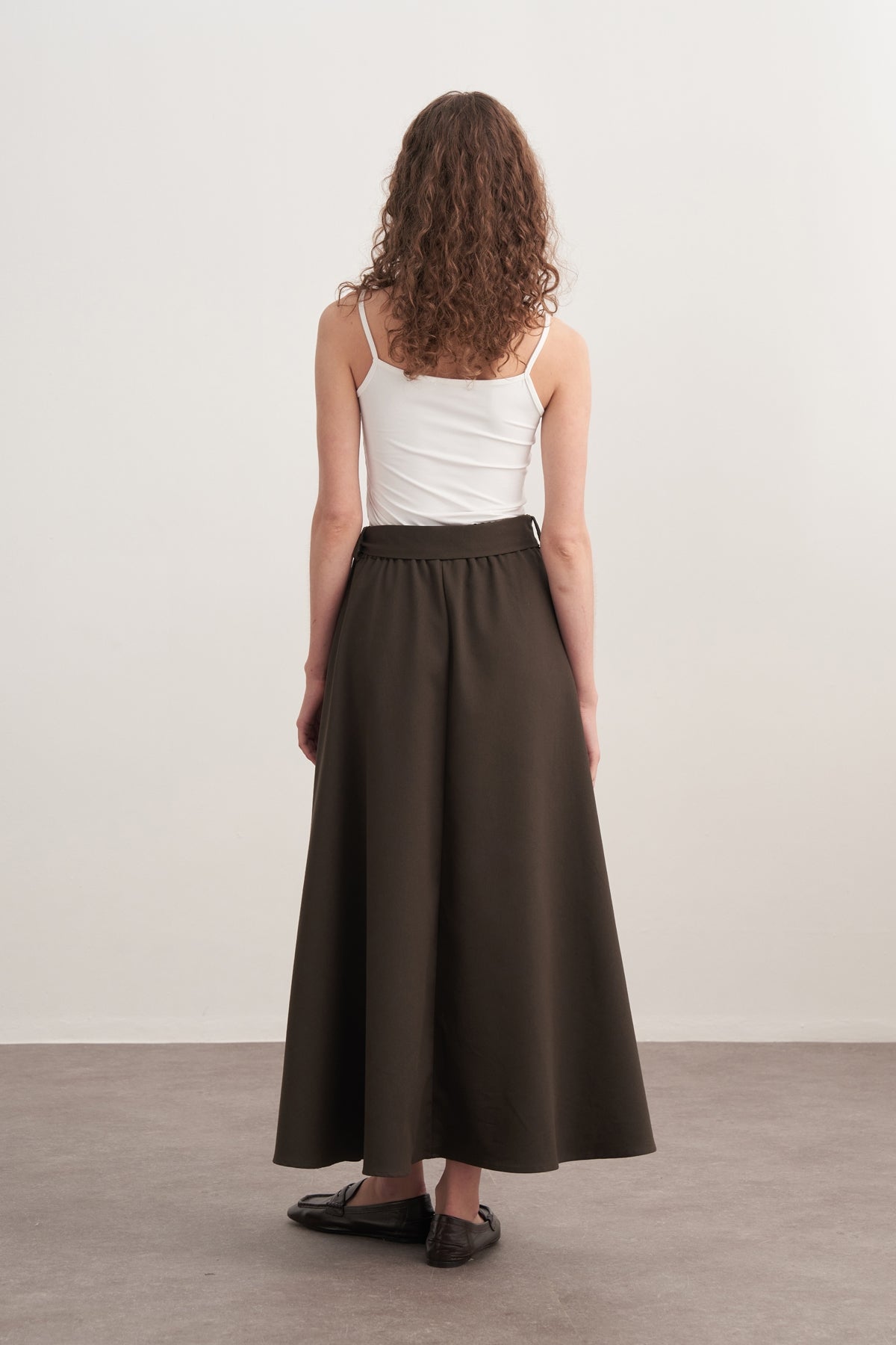 Kadın Gabardin Kemerli Kloş Etek Koyu Haki