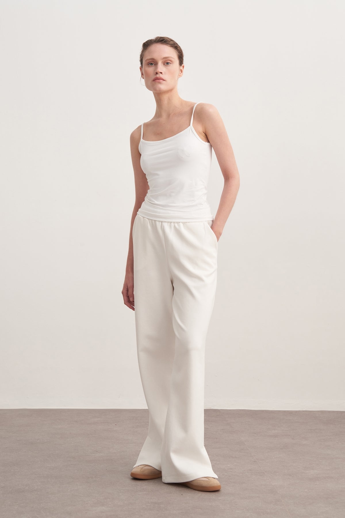 Kadın İnterlok Yandan Yırtmaçlı Palazzo Pantolon Ekru