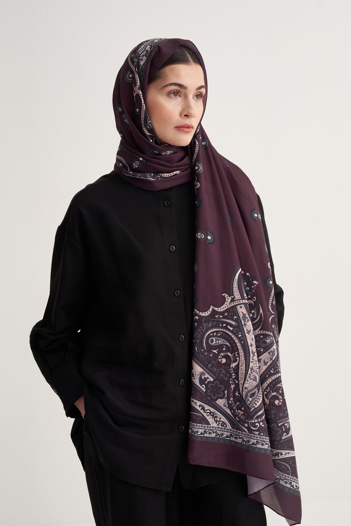 Kadın İpeksi Aster Desen Şal Bordo