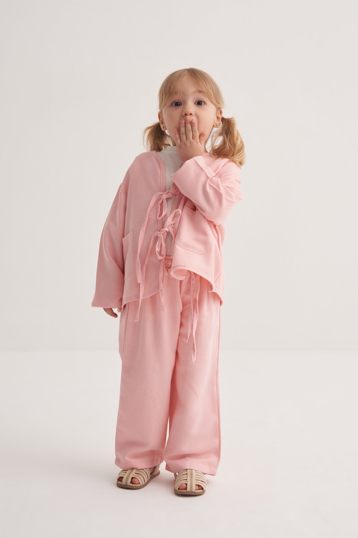 Unisex Çocuk Dökümlü Pamuklu Kimono Pembe